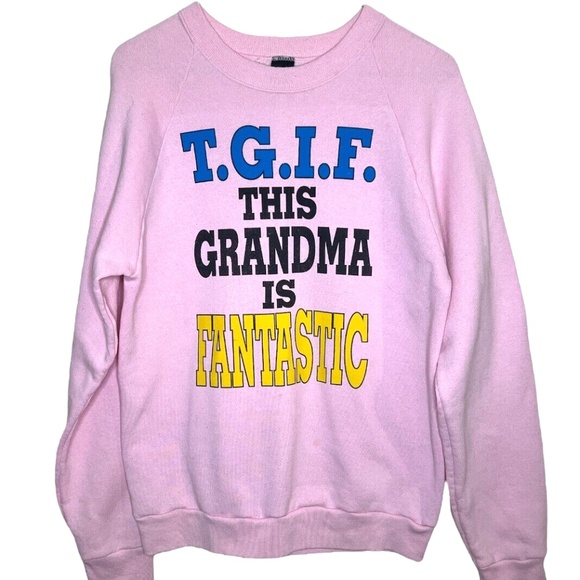 Vintage Screen Stars T.G.I.F This Grandma Is Fantastic Light Pink Sweatshirt L - Picture 1 of 8